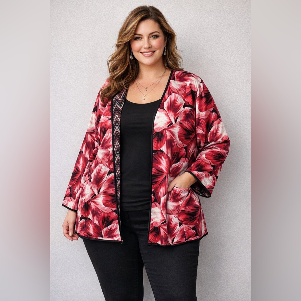 Catherine's Women's Sz 3X Red Pink Florals WOW Chic Reversible Open Jacket NWT